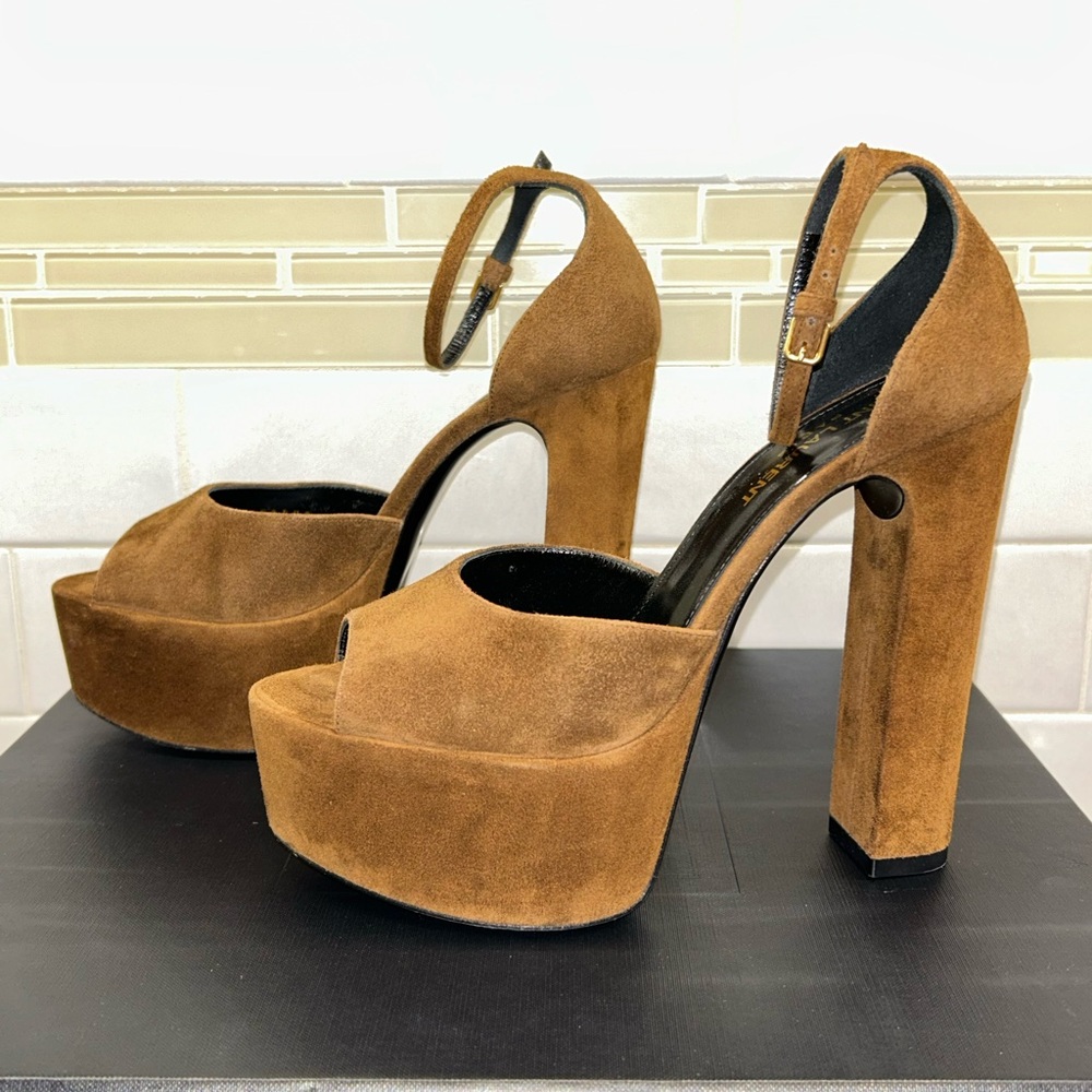 Saint Laurent Tan Suede Platform Heels - Picture 3 of 10